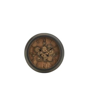 CLOCK ROUND ROMAN NUMERALS GEARS METAL BLACK SMALL