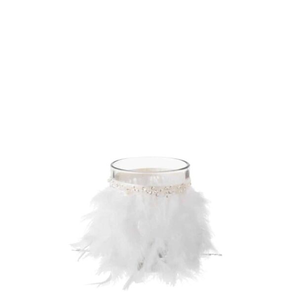 TEALIGHT HOLDER FEATHERS WHITE GLASS TRANSPARENT LARGE