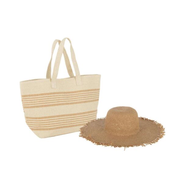 SET OF 2 BEACH BAG STRIPES + HAT PAPER BEIGE/LIGHT BROWN