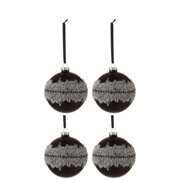 BOX OF 4 CHRISTMAS BAUBLES SUGAR MIDDLE DIAMONDS LINE GLASS MATTE BLACK MEDIUM