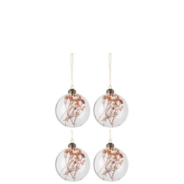BOX OF 4 CHRISTMAS BAUBLES DRIED FLOWERS RUST GLASS TRANSPARENT MEDIUM