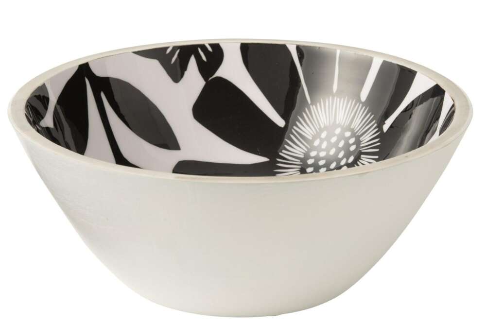 BOWL FLORAL PATTERN MANGO WOOD BLACK/WHITE LARGE