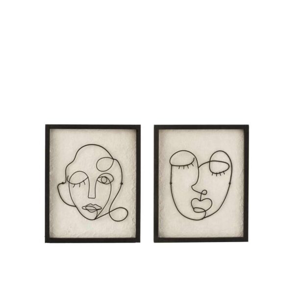 WALL DECO FACES METAL/WOOD BLACK/WHITE SMALL ASSORTMENT OF TWO