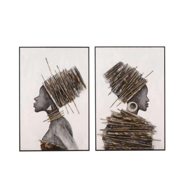 PAINTING AFRICAN WOMAN WOOD/CANVAS BROWN/GREY ASSORTMENT OF 2