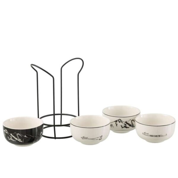 BOX OF 4 BOWL+MEATAL RACK WINDOWBOX CERANMICS BLACK/WHITE
