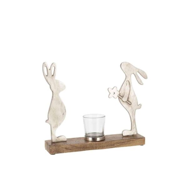 TEALIGHT HOLDER RABBITS MANGO WOOD/IRON SILVER NATURAL
