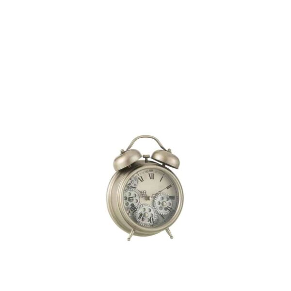 CLOCK ALARM ROMAN NUMERALS GEARS METAL SILVER SMALL