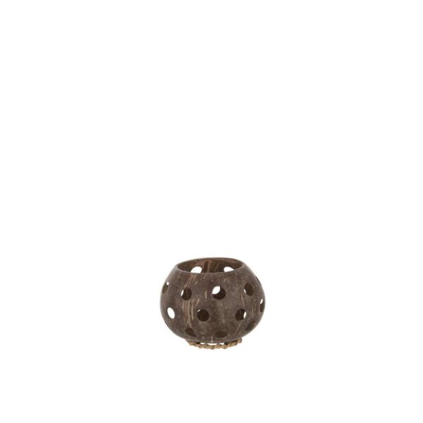 TEALIGHT HOLDER COCONUT HOLES BROWN SMALL