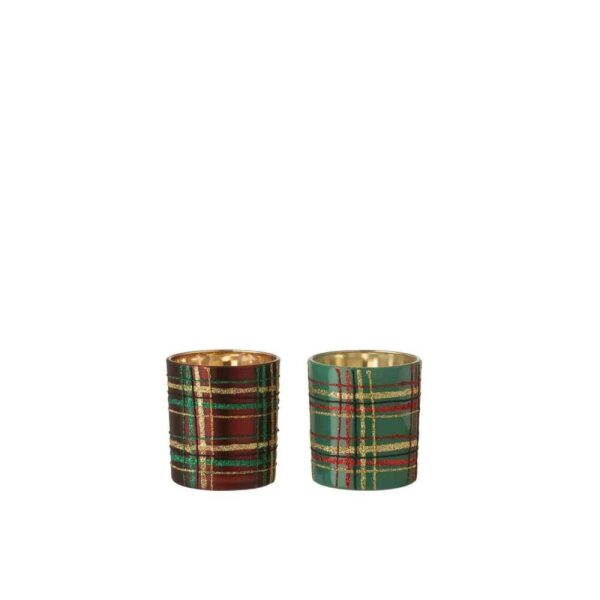TEALIGHT HOLDER CHECKERED GLASS RED/GREEN SMALL ASSORTMENT OF 2