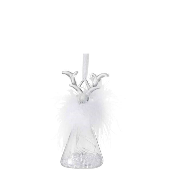 CHRISTMAS BAUBLES REINDEER+LED+FEATHER GLASS CLEAR SMALL