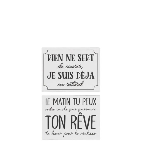 PLACARD TEXTS FRENCH RETARD REVE METAL WHITE/BLACK ASSORTMENT OF 2