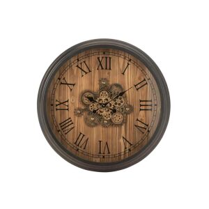 CLOCK ROUND ROMAN NUMERALS GEARS METAL BLACK LARGE