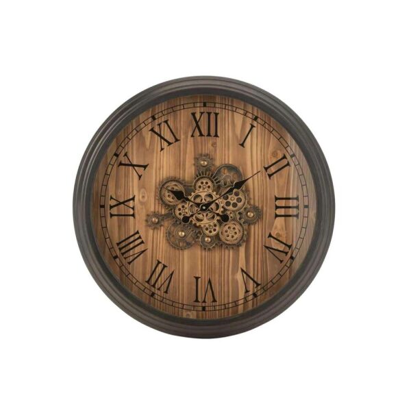 CLOCK ROUND ROMAN NUMERALS GEARS METAL BLACK LARGE