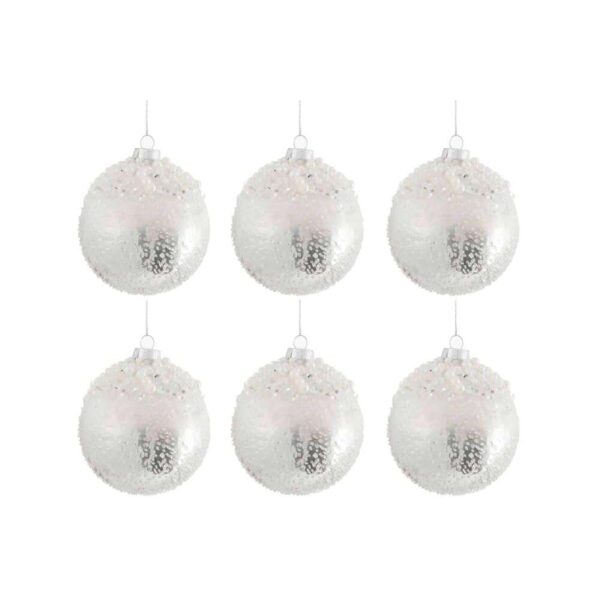 BOX OF 6 CHRISTMAS BAUBLE PEARL GLASS ANTIQUE SILVER/WHITE SMALL