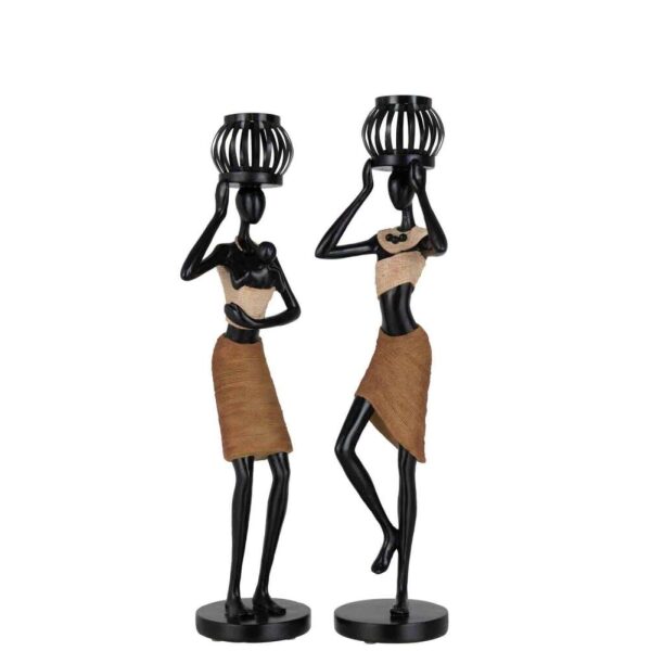 TEALIGHT HOLDER ON HEAD OF FIGURE ETHNIC POLY BROWN ASSORTMENT OF 2