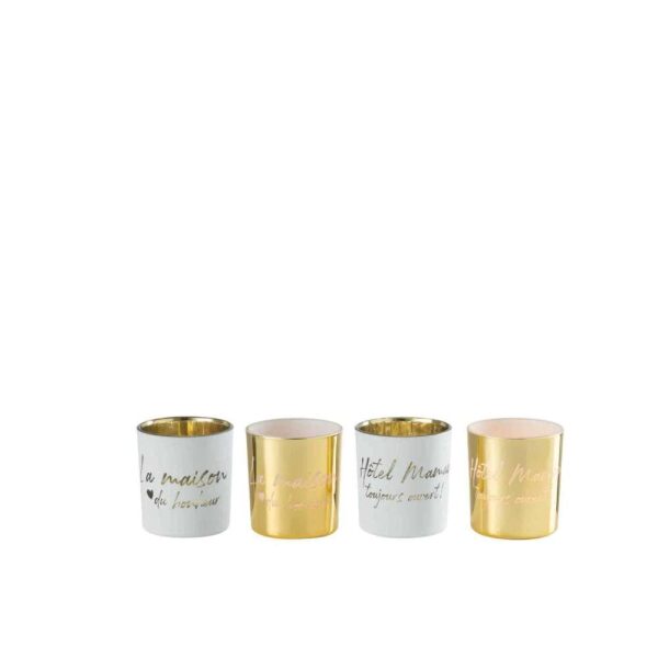 TEALIGHT HOLDER TEXT GLASS GOLD/SILVER SMALL ASSORTMENT OF 4
