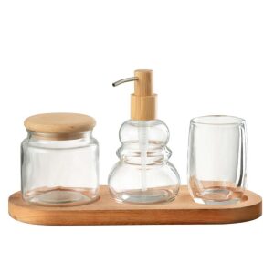 SET OF 4 BATHROOM SET GLASS/WOOD TRANSPARENT