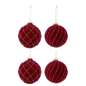 BOX OF 4 CHRISTMAS BAUBLE 2+2 LINES/CHECKERED VELVET RED/GOLD
