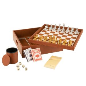 BOX CARD GAME/CHESS GAME FAKE LEATHER COGNAC
