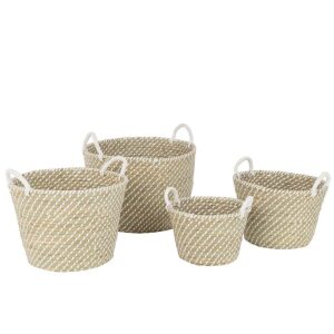 SET OF 4 BASKET ROUND HANDLES STRAW NATURAL/WHITE