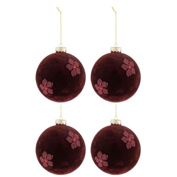 BOX OF 4 CHRISTMAS BAUBLES FLOWERS VELVET GLASS BURGUNDY LARGE