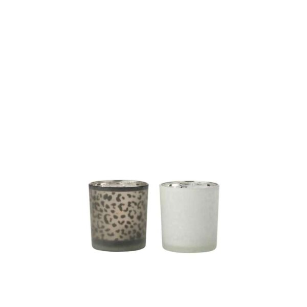 TEALIGHT HOLDER LEOPARD GLASS WHITE/BLACK SMALL ASSORTMENT OF 2