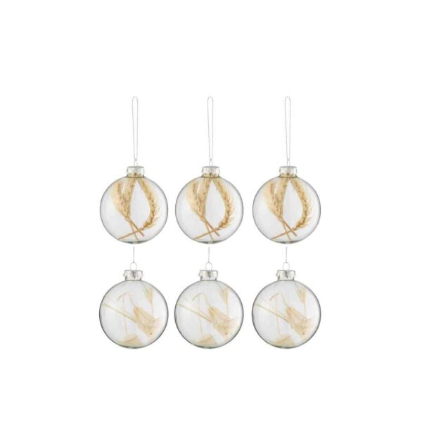 BOX OF 6 CHRISTMAS BAUBLES 3+3 DRIED BRANCHES BEIGE GLASS TRANSPARENT SMALL