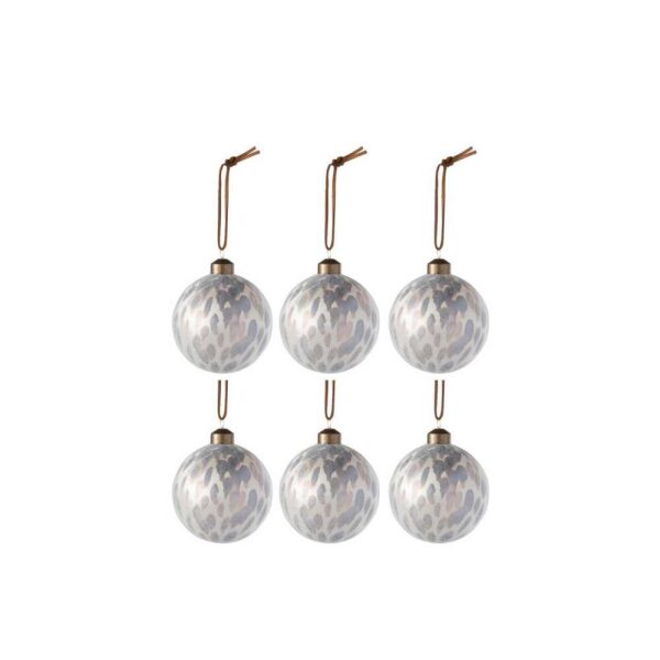 BOX OF 6 CHRISTMAS BAUBLES LEOPARD GLASS BEIGE MIX SMALL