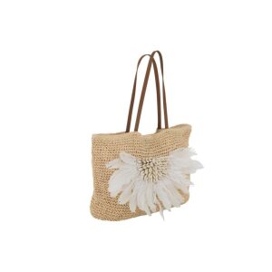 BEACH BAG WITH SHELLS/FEATHERS PAPER NATURAL/WHITE