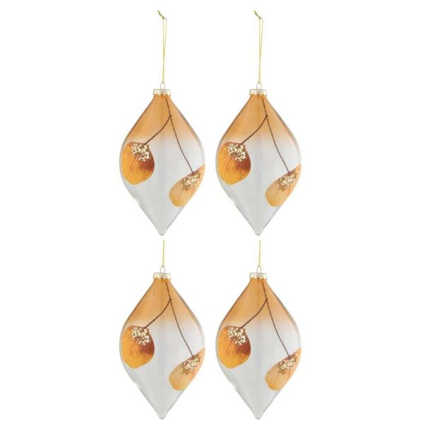 BOX OF 4 CHRISTMAS BAUBLES DROP DRIED LEAF OCHRE+GLITTER GLASS TRANSPARENT