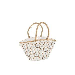 BEACH BAG LACE FLOWER PATTERN JUTE NATURAL/WHITE