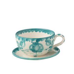 CUP+PLATE GRANADA CERAMIC WHITE/AQUA