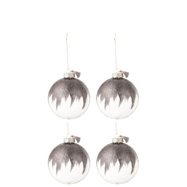 BOX OF 4 CHRISTMAS BAUBLES GLITTER MINI TASSEL GREY GLASS TRANSPARENT MEDIUM