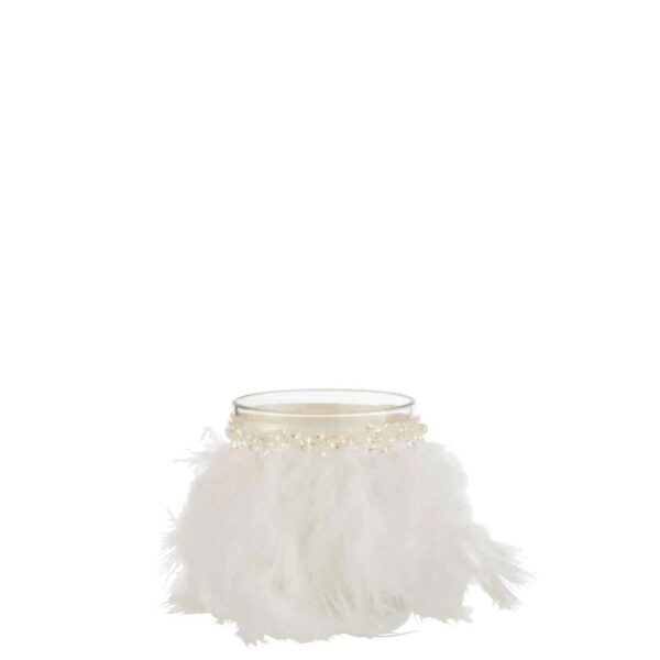 TEALIGHT HOLDER FEATHERS WHITE GLASS TRANSPARENT MEDIUM
