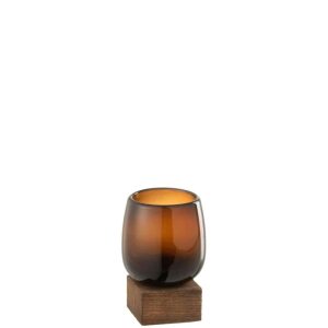 VASE ON FOOT HIGH GLASS/WOOD BROWN SMALL