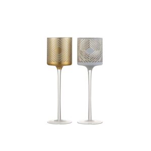 TEALIGHT HOLDER ON FOOT RHOMBUS GLASS WHITE/GOLD LARGE ASSORTMENT OF 2