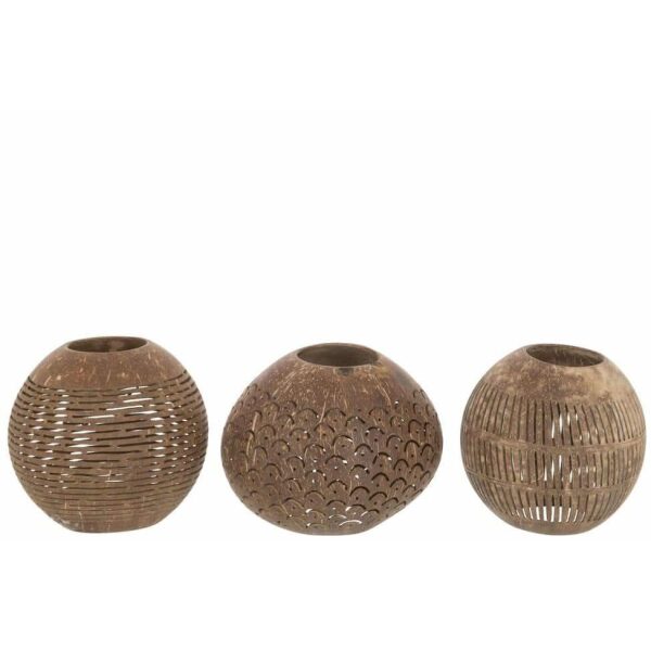 TEALIGHT HOLDER COCONUT LINES BROWN ASSORTMENT OF 3