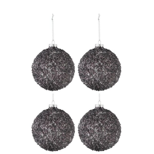 BOX OF 4 CHRISTMAS BAUBLES GLITTER GLASS ANTHRACITE GREY MEDIUM