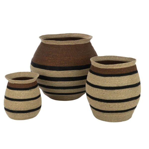 SET OF 3 BASKETS ROUND STRIPED MARIE SEAGRASS BROWN BLACK