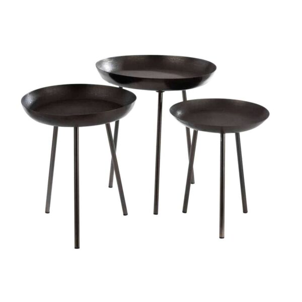 SET OF 3 SIDETABLES TRAY ROUND METAL MATTE DARK GREY
