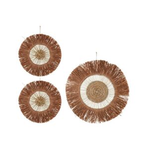 SET OF 3 WALL DECORATION ROUND REED RAFFIA BROWN