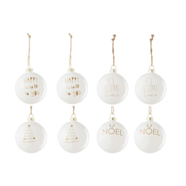 BOX OF 8 CHRISTMAS BAUBLE 2+2+2+2 TEXT CHRISTMAS GLASS WHITE/GOLD