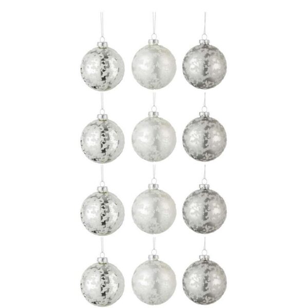 BOX OF 12 CHRISTMAS BAUBLES 4+4+4 SUGAR GLASS MATTE GREY/MATTE WHITE/SHINING SILVER SMALL