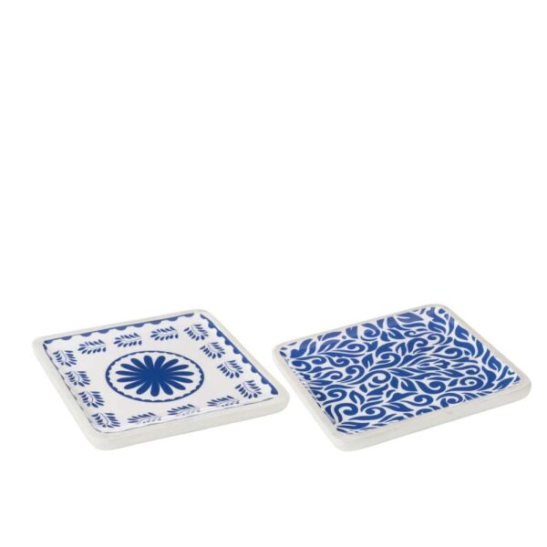 PLATTER SQUARE FLORAL PATTERN MANGO WOOD BLUE/WHITE ASSORTMENT OF 2