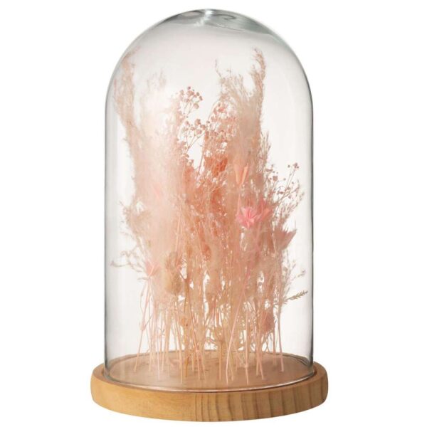 BELL JAR DRIED FLOWERS LIGHT PINK GLASS WOOD LARGE