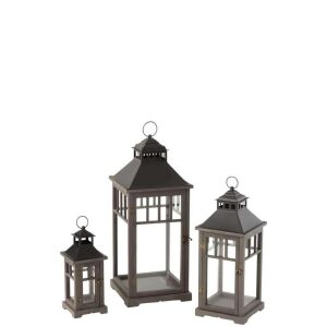 SET OF 3 LANTERNS SPRUCE WOOD BLACK