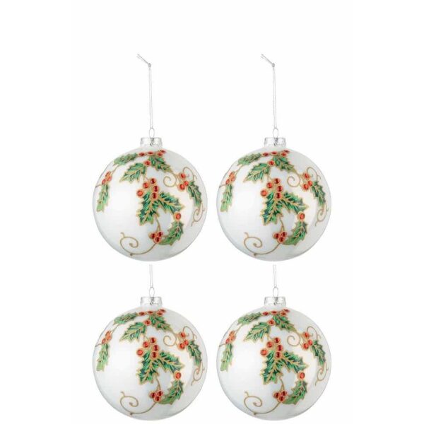 BOX OF 4 CHRISTMAS BAUBLES CHRISTMAS DECORATION GLASS WHITE/GREEN/RED LARGE