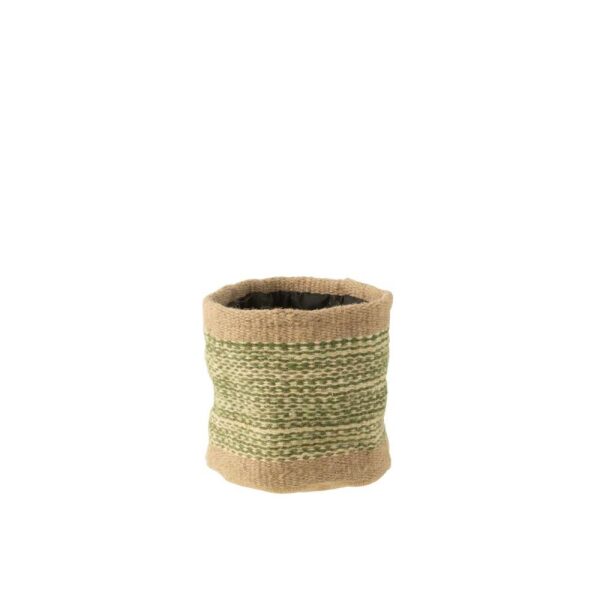 BASKET ROUND+BAND JUTE NATURAL/GREEN MEDIUM