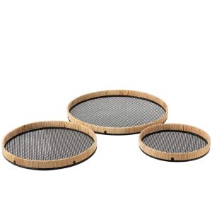 SET OF 3 TRAYS ROUND METAL/RATTAN BLACK/NATURAL