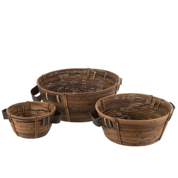 SET OF 3 DISHES + HANDLE RATTAN BROWN